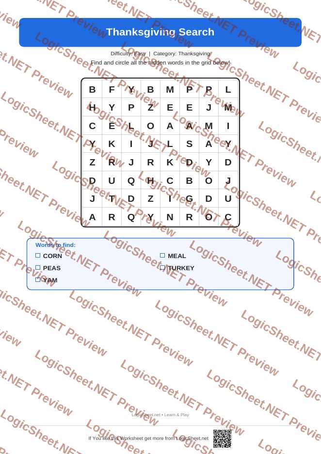 Word Search — Thanksgiving