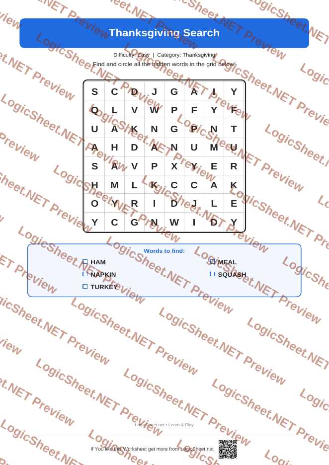 Word Search — Thanksgiving